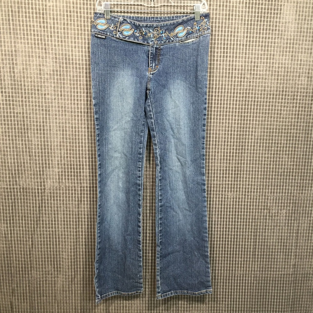 US Polo‎ Assn Womens Low Rise Bootcut Jeans Embroidered Waist Blue Size 9/10 Y2K